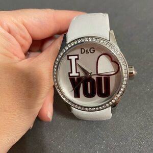 Non-working Dolce and Gabbana White Leather Strap "I Love You" Dial Watch